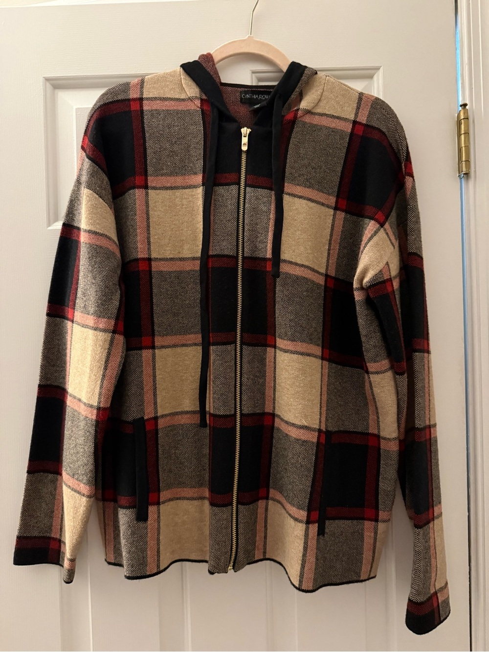 Cynthia Rowley Plaid Zip-Up Hoodie Sweater - Beige, Black & Red